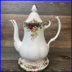 1962 Large Royal Albert Old Country Roses Teapot With Trivet Bone China 10 Tall