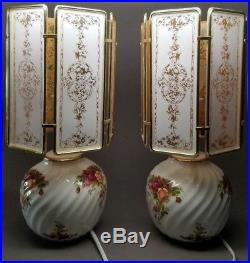 2 (Pair) Royal Albert Old Country Roses Table Lamps Rare Fluted WORKING READ