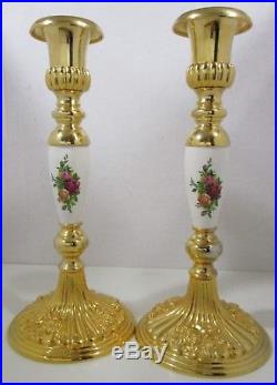 2 Royal Albert Old Country Roses 9 2 Candlesticks Holders Gold Plated Porcelain