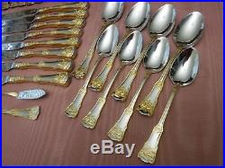 42pc Royal Albert Old Country Roses Stainless Flatware for 8 Gold Accent