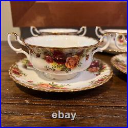 4 Old Country Roses Cream Soup Bowls with Handles and Under Plates Royal Albert