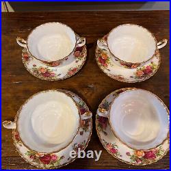 4 Old Country Roses Cream Soup Bowls with Handles and Under Plates Royal Albert
