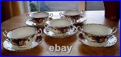 5 Royal Albert Old Country Roses Cream Soup dbl handle Bowls Saucers England EUC