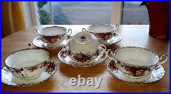 5 Royal Albert Old Country Roses Cream Soup dbl handle Bowls Saucers England EUC