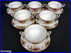 6 OLD COUNTRY ROSES SOUP COUPES & SAUCERS, 1st QUALITY, GC, 1962-93 ROYAL ALBERT