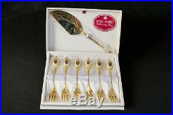 6 Royal Albert Old Country Roses Gold Plated Cake Forks & Server Boxed VGC