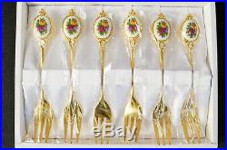 6 Royal Albert Old Country Roses Gold Plated Cake Forks & Server Boxed VGC