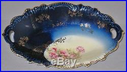 Antique Royal Bavarian HP China Bowl Roses Cobalt Blue Gilt Trim