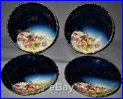 Antique Royal Bavarian HP China Set Of 4 Berry Sauce Dishes Roses Cobalt Blue