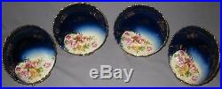 Antique Royal Bavarian HP China Set Of 4 Berry Sauce Dishes Roses Cobalt Blue