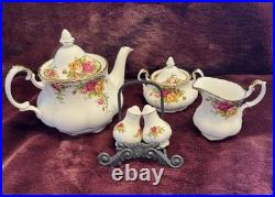 NEW Royal Albert Old Country Roses 3 Piece Tea Set & Salt And Pepper Shakers