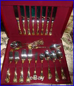 NEW Royal Albert Old Country Roses 45 pc Gold FLATWARE SET + BOX with medallion