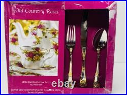 NEW Royal Albert Old Country Roses 65 Pcs Stainless Service For 12 Gold Trim