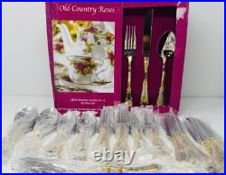 NEW Royal Albert Old Country Roses 65 Pcs Stainless Service For 12 Gold Trim