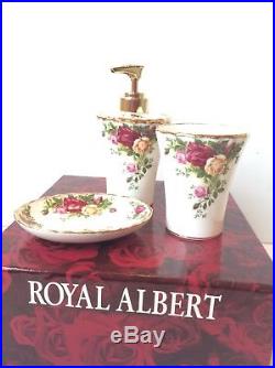 NIB Royal Albert Old Country Roses Vanity Set Soap Dispenser Toothbrush Holder