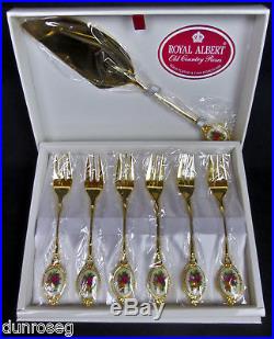 Old Country Roses, 6 Gold Plated Cake Forks & Cake Server, Vgc, Royal Albert