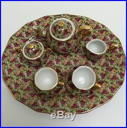 Rare Royal Albert Old Country Roses Green Chintz Mini Miniature Teapot Tea Set