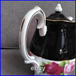 RARE Royal Albert Black Old English Rose Teapot with Two Teacup Sets
