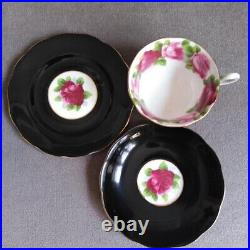 RARE Royal Albert Black Old English Rose Teapot with Two Teacup Sets