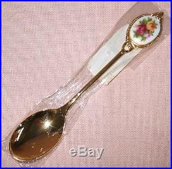 ROYAL ALBERT OLD COUNTRY ROSES 6 GOLD PLATED & PORCELAIN TEA SPOONS, NEW