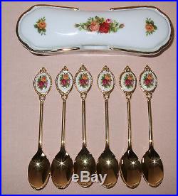 Royal Albert Old Country Roses 6 Gold Plated Tea Spoons & China Box