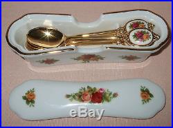 Royal Albert Old Country Roses 6 Gold Plated Tea Spoons & China Box
