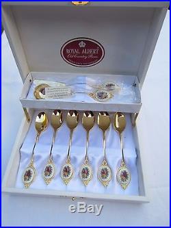 Royal Albert Old Country Roses 6 Tea Spoons & Butter Knife Jam Set Gold Plated