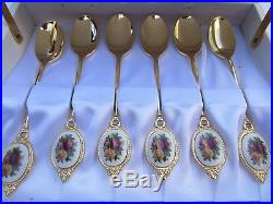 Royal Albert Old Country Roses 6 Tea Spoons & Butter Knife Jam Set Gold Plated