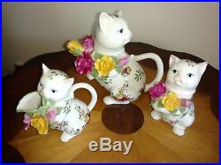 ROYAL ALBERT OLD COUNTRY ROSES Cat Kitten Teapot, Sugar and Creamer Set 1962