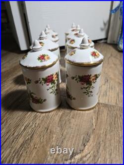 ROYAL ALBERT OLD COUNTRY ROSES SPICE JARS Set Of 8 BONE CHINA Rare (no rack) ROYAL ALBERT OLD COUNTRY ROSES SPICE JARS Set Of 8 BONE CHINA Rare (no rack)