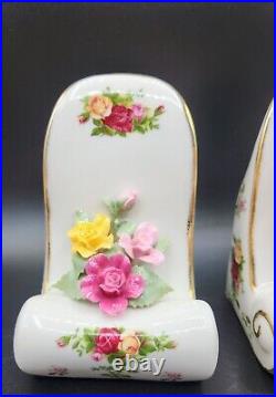 Rare Royal Albert Old Country Roses Bookends Red Yellow pink Applied Roses 1962