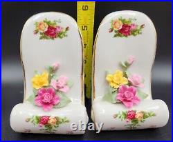 Rare Royal Albert Old Country Roses Bookends Red Yellow pink Applied Roses 1962