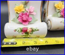 Rare Royal Albert Old Country Roses Bookends Red Yellow pink Applied Roses 1962