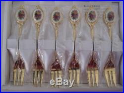 Rare Royal Albert Old Country Roses Boxed Set Of Six Tea Cake Forks Gold Plated