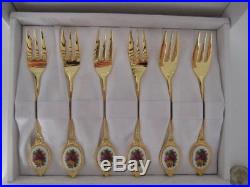 Rare Royal Albert Old Country Roses Boxed Set Of Six Tea Cake Forks Gold Plated