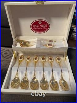 Rare Royal Albert Old Country Roses Gold Plated Fine Porcelain Spoon & Knife Set
