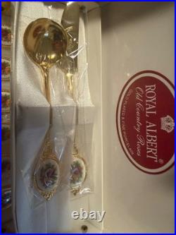 Rare Royal Albert Old Country Roses Gold Plated Fine Porcelain Spoon & Knife Set