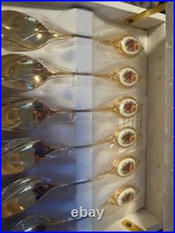 Rare Royal Albert Old Country Roses Gold Plated Fine Porcelain Spoon & Knife Set