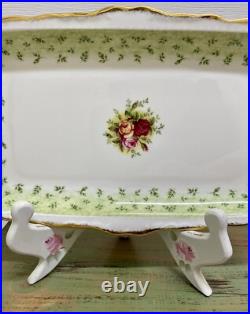 Rare Royal Albert Old Country Roses Green Accent Sandwich Tray Serving Platter Rare Royal Albert Old Country Roses Green Accent Sandwich Tray Serving Platter