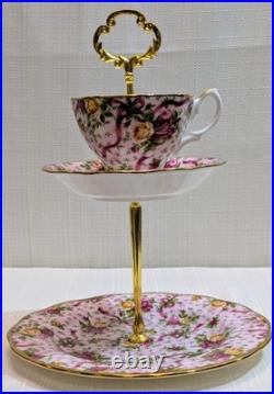 Rare Royal Albert Old Country Roses Ruby Celebration'02 Pink Chintz Tiered Tray Rare Royal Albert Old Country Roses Ruby Celebration'02 Pink Chintz Tiered Tray