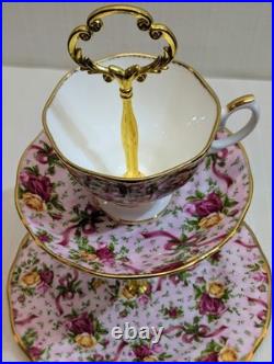 Rare Royal Albert Old Country Roses Ruby Celebration'02 Pink Chintz Tiered Tray Rare Royal Albert Old Country Roses Ruby Celebration'02 Pink Chintz Tiered Tray