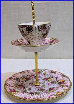 Rare Royal Albert Old Country Roses Ruby Celebration'02 Pink Chintz Tiered Tray Rare Royal Albert Old Country Roses Ruby Celebration'02 Pink Chintz Tiered Tray
