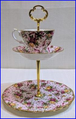 Rare Royal Albert Old Country Roses Ruby Celebration'02 Pink Chintz Tiered Tray Rare Royal Albert Old Country Roses Ruby Celebration'02 Pink Chintz Tiered Tray