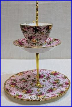 Rare Royal Albert Old Country Roses Ruby Celebration'02 Pink Chintz Tiered Tray Rare Royal Albert Old Country Roses Ruby Celebration'02 Pink Chintz Tiered Tray