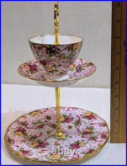 Rare Royal Albert Old Country Roses Ruby Celebration'02 Pink Chintz Tiered Tray Rare Royal Albert Old Country Roses Ruby Celebration'02 Pink Chintz Tiered Tray
