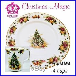 Royal Albert Christmas Magic 4 Dinner Plates plus 4 Cups 1990 England Vintage