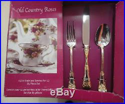 Royal Albert OCR Old Country Roses 65 Piece Stainless Set Gold Accent NEW