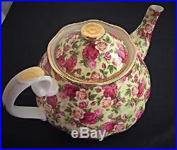Royal Albert Old COUNTRY ROSES CHINTZ 10PC. TEA SET Teapot 4 Cups/4 Saucers VNTG