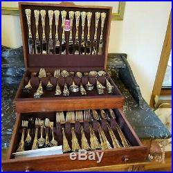 Royal Albert Old Country Roses 125 Pc Flatware Set Glossy Stainless Gold Accents