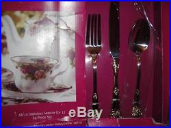 Royal Albert Old Country Roses 18/10 stainless 65 pc Flatware set for 12c New
